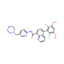 COc1cc(OC)c(Cl)c(-c2ccc(C(=O)Nc3ccc(CN4CCNCC4)cn3)c3ncccc23)c1Cl ZINC000115293937