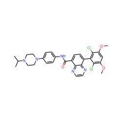 COc1cc(OC)c(Cl)c(-c2ccc(C(=O)Nc3ccc(N4CCN(C(C)C)CC4)cc3)c3nccnc23)c1Cl ZINC000096173390