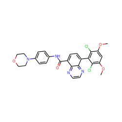 COc1cc(OC)c(Cl)c(-c2ccc(C(=O)Nc3ccc(N4CCOCC4)cc3)c3nccnc23)c1Cl ZINC000096173388