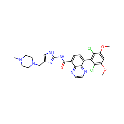 COc1cc(OC)c(Cl)c(-c2ccc(C(=O)Nc3nc(CN4CCN(C)CC4)c[nH]3)c3nccnc23)c1Cl ZINC000115295036