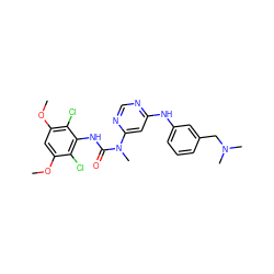 COc1cc(OC)c(Cl)c(NC(=O)N(C)c2cc(Nc3cccc(CN(C)C)c3)ncn2)c1Cl ZINC000072123477