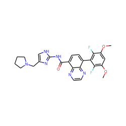 COc1cc(OC)c(F)c(-c2ccc(C(=O)Nc3nc(CN4CCCC4)c[nH]3)c3nccnc23)c1F ZINC000068152912