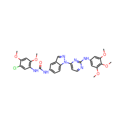 COc1cc(OC)c(NC(=O)Nc2ccc3c(cnn3-c3ccnc(Nc4cc(OC)c(OC)c(OC)c4)n3)c2)cc1Cl ZINC000653873819