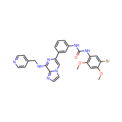 COc1cc(OC)c(NC(=O)Nc2cccc(-c3cn4ccnc4c(NCc4ccncc4)n3)c2)cc1Br ZINC000049785901