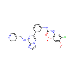 COc1cc(OC)c(NC(=O)Nc2cccc(-c3cn4ccnc4c(NCc4ccncc4)n3)c2)cc1Cl ZINC000049785543