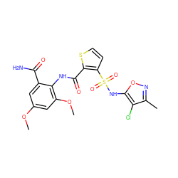 COc1cc(OC)c(NC(=O)c2sccc2S(=O)(=O)Nc2onc(C)c2Cl)c(C(N)=O)c1 ZINC000029409234