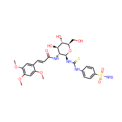 COc1cc(OC)c(OC)cc1/C=C/C(=O)N[C@H]1[C@H](NC(=S)Nc2ccc(S(N)(=O)=O)cc2)O[C@H](CO)[C@@H](O)[C@@H]1O ZINC001772604085