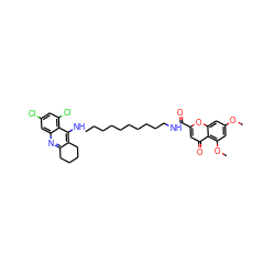 COc1cc(OC)c2c(=O)cc(C(=O)NCCCCCCCCCCNc3c4c(nc5cc(Cl)cc(Cl)c35)CCCC4)oc2c1 ZINC000084596261