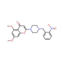 COc1cc(OC)c2c(=O)cc(N3CCN(Cc4ccccc4[N+](=O)[O-])CC3)oc2c1 ZINC000653806076