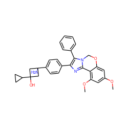 COc1cc(OC)c2c(c1)OCn1c-2nc(-c2ccc(C3(N)CC(O)(C4CC4)C3)cc2)c1-c1ccccc1 ZINC000169703877