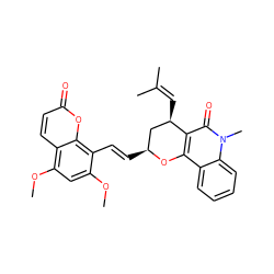 COc1cc(OC)c2ccc(=O)oc2c1/C=C/[C@H]1C[C@@H](C=C(C)C)c2c(c3ccccc3n(C)c2=O)O1 ZINC000169311937