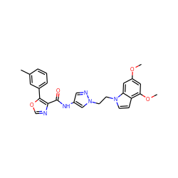 COc1cc(OC)c2ccn(CCn3cc(NC(=O)c4ncoc4-c4cccc(C)c4)cn3)c2c1 ZINC000201526132