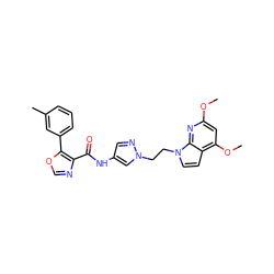 COc1cc(OC)c2ccn(CCn3cc(NC(=O)c4ncoc4-c4cccc(C)c4)cn3)c2n1 ZINC000201533261