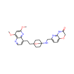 COc1cc(OC)c2nccc(CCC34CCC(NCc5ccc6c(n5)NC(=O)CO6)(CC3)CO4)c2n1 ZINC000206101066