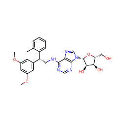 COc1cc(OC)cc([C@@H](CNc2ncnc3c2ncn3[C@@H]2O[C@H](CO)[C@@H](O)[C@H]2O)c2ccccc2C)c1 ZINC000004475154