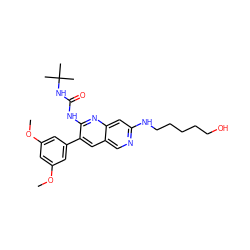 COc1cc(OC)cc(-c2cc3cnc(NCCCCCO)cc3nc2NC(=O)NC(C)(C)C)c1 ZINC000013647877