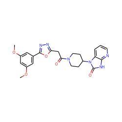 COc1cc(OC)cc(-c2nnc(CC(=O)N3CCC(n4c(=O)[nH]c5ncccc54)CC3)o2)c1 ZINC000045369572