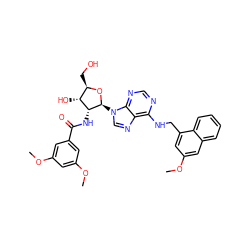COc1cc(OC)cc(C(=O)N[C@@H]2[C@H](O)[C@@H](CO)O[C@H]2n2cnc3c(NCc4cc(OC)cc5ccccc45)ncnc32)c1 ZINC000026185015