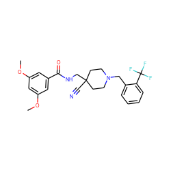 COc1cc(OC)cc(C(=O)NCC2(C#N)CCN(Cc3ccccc3C(F)(F)F)CC2)c1 ZINC000072124297