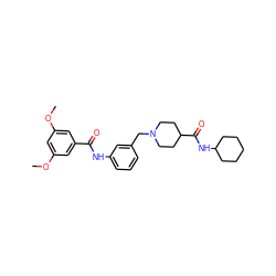 COc1cc(OC)cc(C(=O)Nc2cccc(CN3CCC(C(=O)NC4CCCCC4)CC3)c2)c1 ZINC001772603300