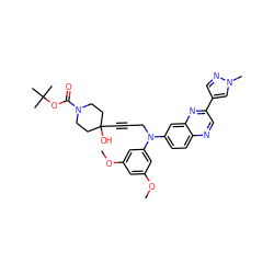 COc1cc(OC)cc(N(CC#CC2(O)CCN(C(=O)OC(C)(C)C)CC2)c2ccc3ncc(-c4cnn(C)c4)nc3c2)c1 ZINC000219367850