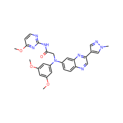 COc1cc(OC)cc(N(CC(=O)Nc2nccc(OC)n2)c2ccc3ncc(-c4cnn(C)c4)nc3c2)c1 ZINC000219360578