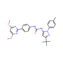 COc1cc(OC)nc(-c2ccc(NC(=O)Nc3cc(C(C)(C)C)nn3-c3ccc(C)cc3)cc2)n1 ZINC000096284077