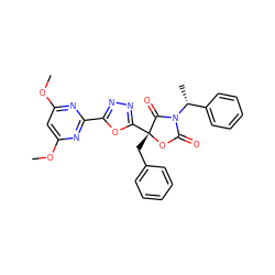 COc1cc(OC)nc(-c2nnc([C@@]3(Cc4ccccc4)OC(=O)N([C@H](C)c4ccccc4)C3=O)o2)n1 ZINC000169311895