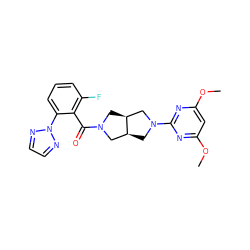 COc1cc(OC)nc(N2C[C@H]3CN(C(=O)c4c(F)cccc4-n4nccn4)C[C@H]3C2)n1 ZINC000167283272