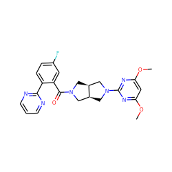 COc1cc(OC)nc(N2C[C@H]3CN(C(=O)c4cc(F)ccc4-c4ncccn4)C[C@H]3C2)n1 ZINC000116823527