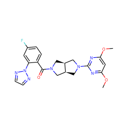 COc1cc(OC)nc(N2C[C@H]3CN(C(=O)c4ccc(F)cc4-n4nccn4)C[C@H]3C2)n1 ZINC000116822468