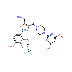 COc1cc(OC)nc(N2CCN(C(=O)c3nc(-c4ccc(OC)c5nc(C(F)(F)F)ccc45)oc3CN)CC2)n1 ZINC000028950260