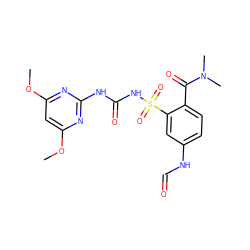 COc1cc(OC)nc(NC(=O)NS(=O)(=O)c2cc(NC=O)ccc2C(=O)N(C)C)n1 ZINC000013831531