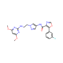 COc1cc(OC)nc(NCCn2cc(NC(=O)c3ncoc3-c3cccc(F)c3)cn2)n1 ZINC000201588881