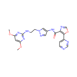 COc1cc(OC)nc(NCCn2cc(NC(=O)c3ncoc3-c3ccncn3)cn2)n1 ZINC001772573426