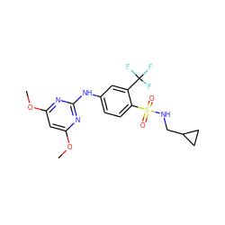 COc1cc(OC)nc(Nc2ccc(S(=O)(=O)NCC3CC3)c(C(F)(F)F)c2)n1 ZINC000145379127