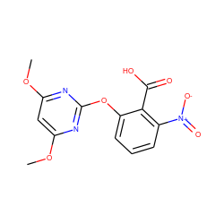 COc1cc(OC)nc(Oc2cccc([N+](=O)[O-])c2C(=O)O)n1 ZINC000103181486