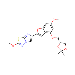 COc1cc(OC[C@@H]2COC(C)(C)O2)c2cc(-c3cn4nc(OC)sc4n3)oc2c1 ZINC000143850410