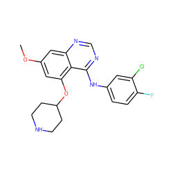 COc1cc(OC2CCNCC2)c2c(Nc3ccc(F)c(Cl)c3)ncnc2c1 ZINC000034799970