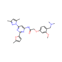 COc1cc(OCC(=O)Nc2cc(-n3nc(C)cc3C)nc(-c3ccc(C)o3)n2)ccc1CN(C)C ZINC000029041706