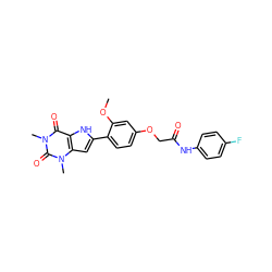 COc1cc(OCC(=O)Nc2ccc(F)cc2)ccc1-c1cc2c([nH]1)c(=O)n(C)c(=O)n2C ZINC000013678793