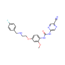 COc1cc(OCCNCc2ccc(F)cc2)ccc1NC(=O)Nc1cnc(C#N)cn1 ZINC000139760347