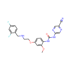 COc1cc(OCCNCc2ccc(F)cc2F)ccc1NC(=O)Nc1cnc(C#N)cn1 ZINC000146227757