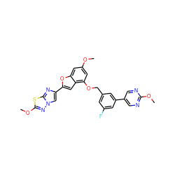 COc1cc(OCc2cc(F)cc(-c3cnc(OC)nc3)c2)c2cc(-c3cn4nc(OC)sc4n3)oc2c1 ZINC000205714194