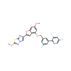 COc1cc(OCc2cc(F)cc(-c3ncc(F)cc3F)c2)c2cc(-c3cn4nc(OC)sc4n3)oc2c1 ZINC000205701800