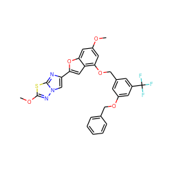 COc1cc(OCc2cc(OCc3ccccc3)cc(C(F)(F)F)c2)c2cc(-c3cn4nc(OC)sc4n3)oc2c1 ZINC000653768964