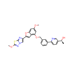 COc1cc(OCc2cccc(-c3ccc([C@H](C)O)cn3)c2)c2cc(-c3cn4nc(OC)sc4n3)oc2c1 ZINC000205714333