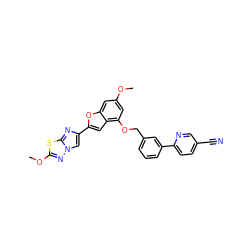 COc1cc(OCc2cccc(-c3ccc(C#N)cn3)c2)c2cc(-c3cn4nc(OC)sc4n3)oc2c1 ZINC000653667302