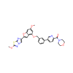 COc1cc(OCc2cccc(-c3ccc(C(=O)N4CCOCC4)nc3)c2)c2cc(-c3cn4nc(OC)sc4n3)oc2c1 ZINC000144519000