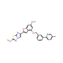 COc1cc(OCc2cccc(-c3ccc(C)cn3)c2)c2cc(-c3cn4nc(OC)sc4n3)oc2c1 ZINC000144517708